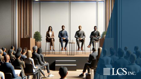 A group of 4 businesspeople sit on a stage as if ready to begin a panel discussion. The audience looks on from in front of the stage. Most people wear neutral color suits.