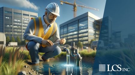 An environmental expert crouches down to take a water sample from a pipe in the ground. He is wearing a hard hat and a safety vest. Behind him there are large commercial buildings and a construction crane.
