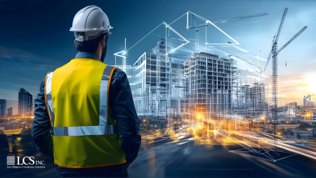 Engineer wearing a white helmet and reflective safety vest observing a futuristic construction site with digitally enhanced building frameworks and cranes at sunset.