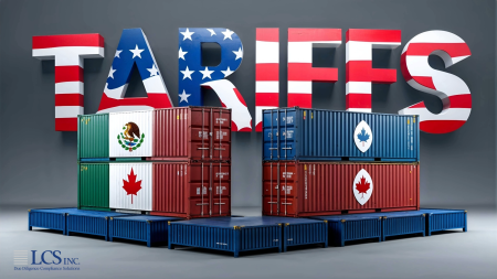 Shipping containers decorated with flags of the U.S., Canada, and Mexico positioned in front of large letters spelling "TARIFFS" decorated with the American flag.