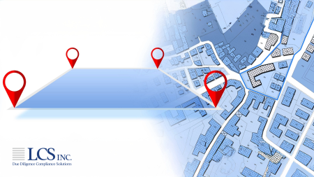Illustration depicting zoning boundaries marked with location pins overlaying a detailed blueprint map, emphasizing property compliance and zoning regulations.
