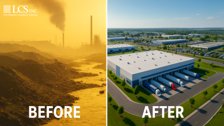 Split-screen image showing a polluted brownfield site on the left and a modern logistics center on the right, labeled "Before" and "After."