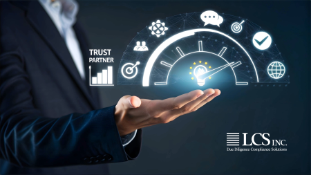Business professional holding digital dashboard icons symbolizing trust, partnership, growth, and due diligence solutions.