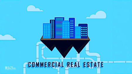Graphic of commercial real estate buildings on a floating platform with pipeline connections, representing property valuation and lending infrastructure.
