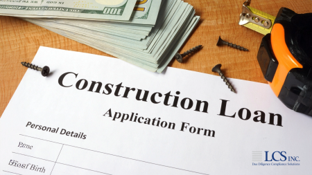 Construction loan application form surrounded by tools, cash, and compliance branding